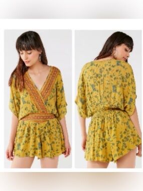 Urban Outfitters Mustard Floral Blouse with Teal Accents